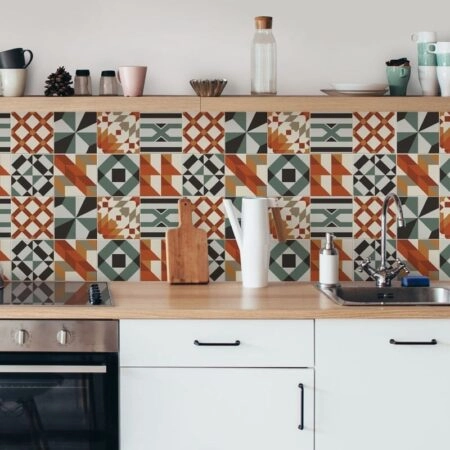 Αυτοκόλλητα Πλακάκια OLIVE AND ORANGE GEOMETRIC SET 8 τμχ - Αυτοκόλλητα Πλακακια