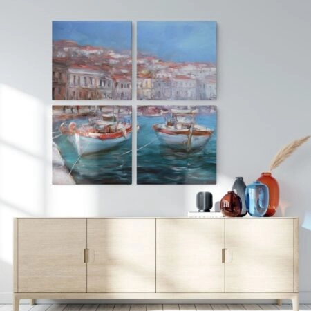 Τετράπτυχο σετ τετράγωνοι πίνακες BOATS IN HARBOR - Βαρκες και Καραβια