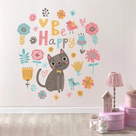 Aυτοκόλλητο τοίχου FLORAL WITH CAT AND BIRDS - Ζωα