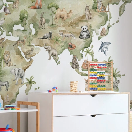 Αυτοκόλλητη Ταπετσαρία τοίχου MAP WITH ANIMALS AND NATURAL ELEMENTS - Παιδικές Ταπετσαρίες Sticky 1