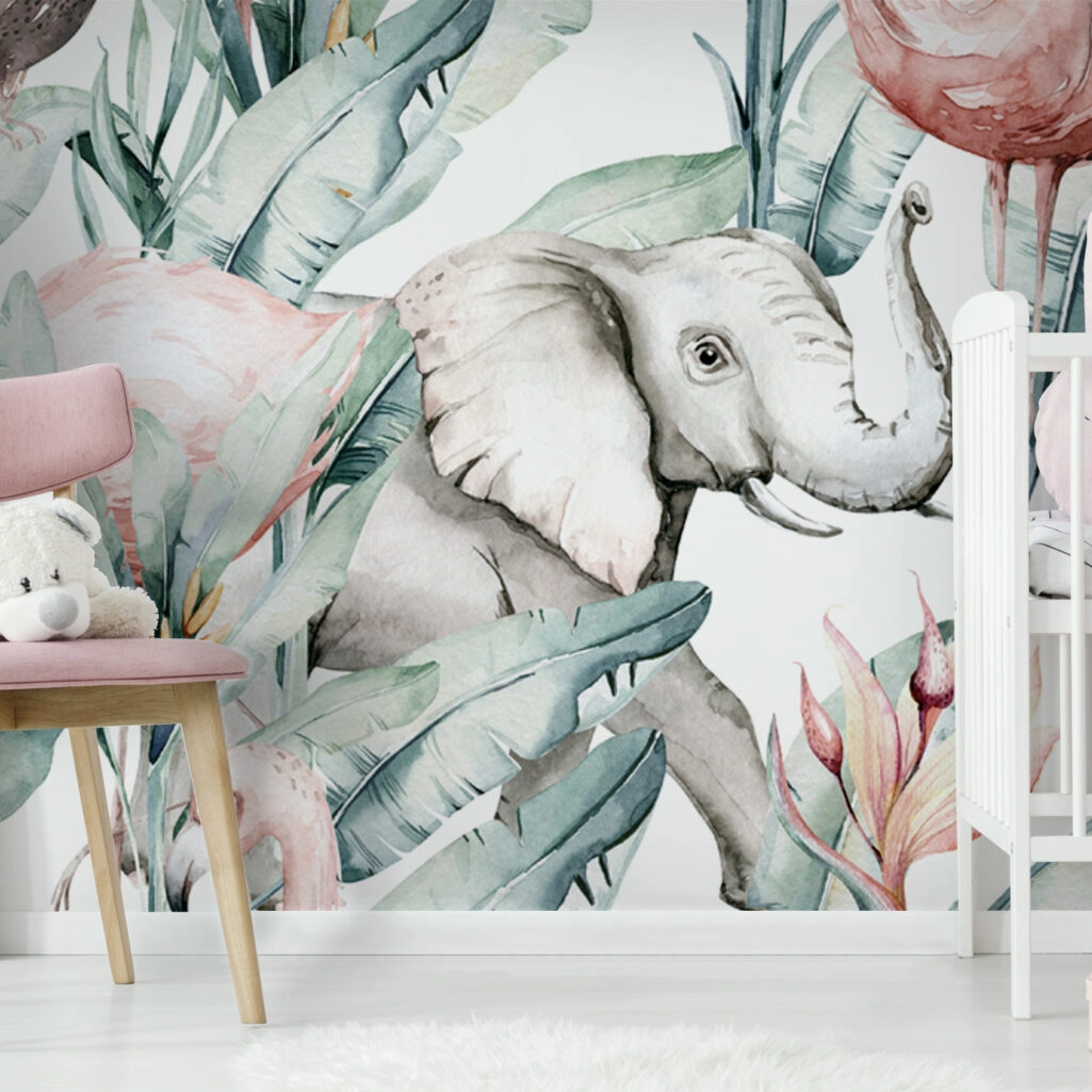 Αυτοκόλλητη Ταπετσαρία τοίχου TROPICAL FLAMINGO AND ELEPHANT