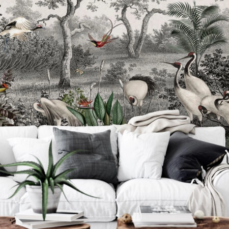 Αυτοκόλλητη Ταπετσαρία τοίχου CRANES IN FOREST PAINTING - Tropical Sticky 1
