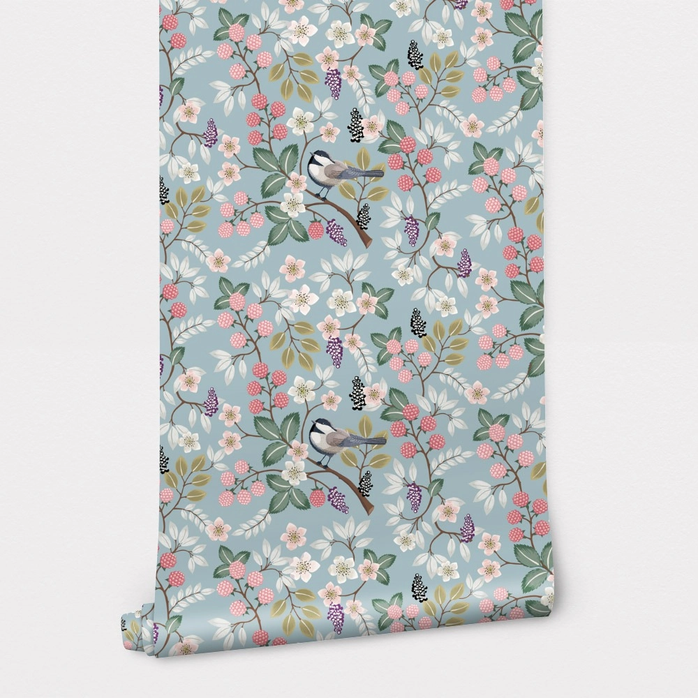 Αυτοκόλλητη Ταπετσαρία τοίχου FLORAL PATTERN WITH CUTE BIRDS
