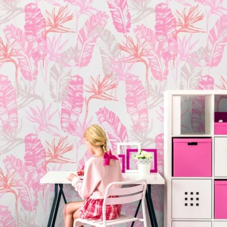 Αυτοκόλλητη Ταπετσαρία τοίχου PINK TROPICAL LEAVES - Εφηβικές Ταπετσαρίες