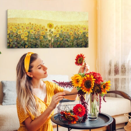 Πίνακας Πανοραμικός Σε Καμβά SUNFLOWER FIELD OIL PAINTING - Ηλιανθοι