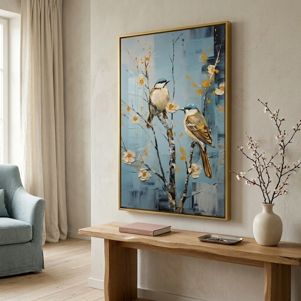 Πινακας σε καμβά TWO BIRDS ON A TREE WITH WHITE FLOWERS