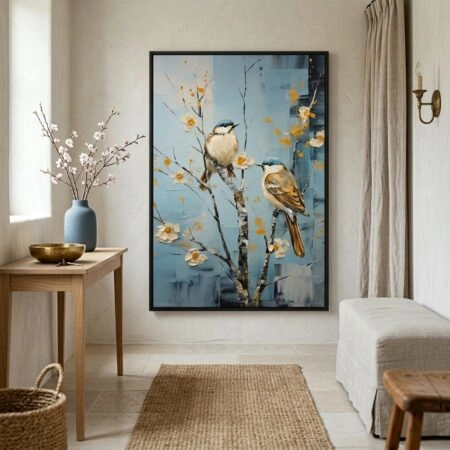 Πινακας σε καμβά TWO BIRDS ON A TREE WITH WHITE FLOWERS - Εργα Τεχνης