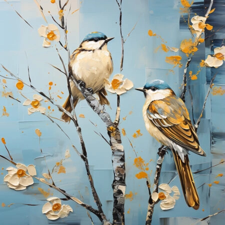 Πινακας σε καμβά TWO BIRDS ON A TREE WITH WHITE FLOWERS - Εργα Τεχνης Sticky 8