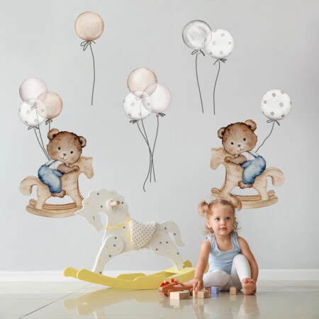 Aυτοκόλλητο Τοίχου BEARS ON ROCKING HORSE AND BALLOONS - Βρεφικα & Παιδικά