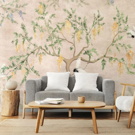 Αυτοκόλλητη Ταπετσαρία τοίχου FLOWERING TREE WITH CRANES - Tropical