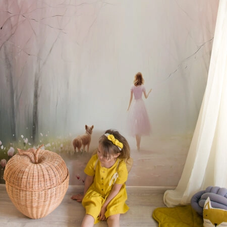 Αυτοκόλλητη Ταπετσαρία τοίχου GIRL AND DOG IN FOREST - Παιδικές Ταπετσαρίες