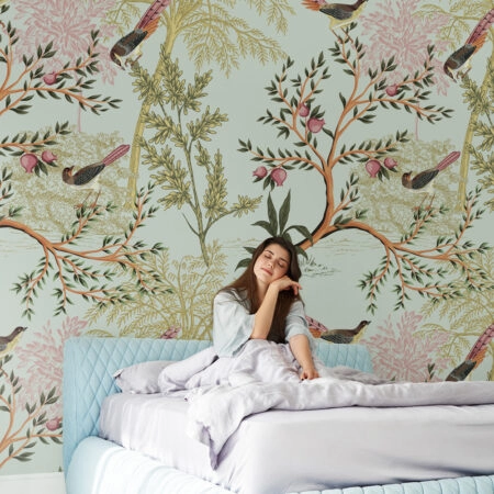 Αυτοκόλλητη Ταπετσαρία τοίχου SUMMER FLORAL PATTERN WITH BIRDS - Tropical