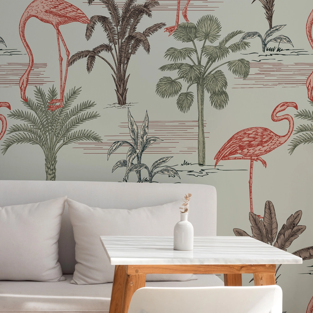 Αυτοκόλλητη Ταπετσαρία τοίχου TROPICAL PALM TREES AND FLAMINGOS