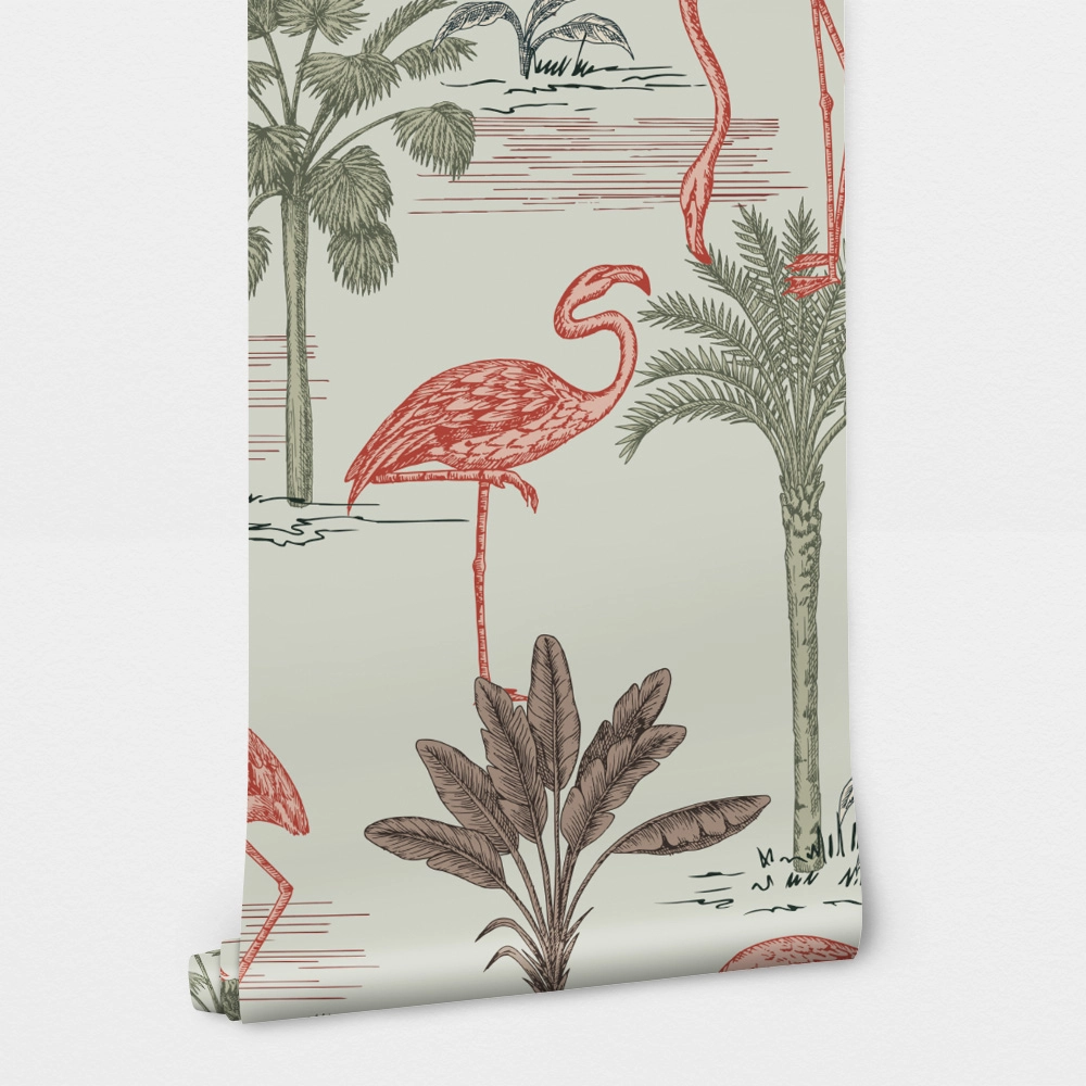 Αυτοκόλλητη Ταπετσαρία τοίχου TROPICAL PALM TREES AND FLAMINGOS