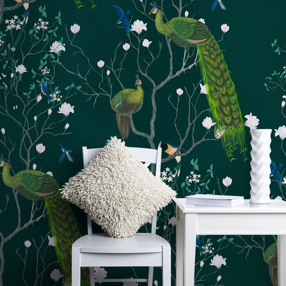 Αυτοκόλλητη Ταπετσαρία τοίχου WHITE FLOWERS AND EXOTIC BIRDS