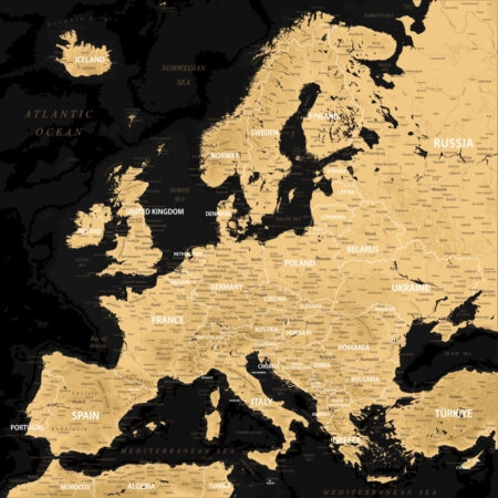 Πίνακας Τετράγωνος BLACK AND GOLD EUROPE MAP - Χαρτες Sticky 5