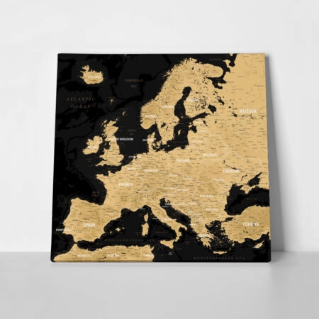 Πίνακας Τετράγωνος BLACK AND GOLD EUROPE MAP - Χαρτες Sticky 1