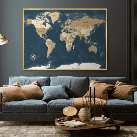 Πινακας σε καμβά BLUE AND BEIGE WORLD MAP - Χαρτες