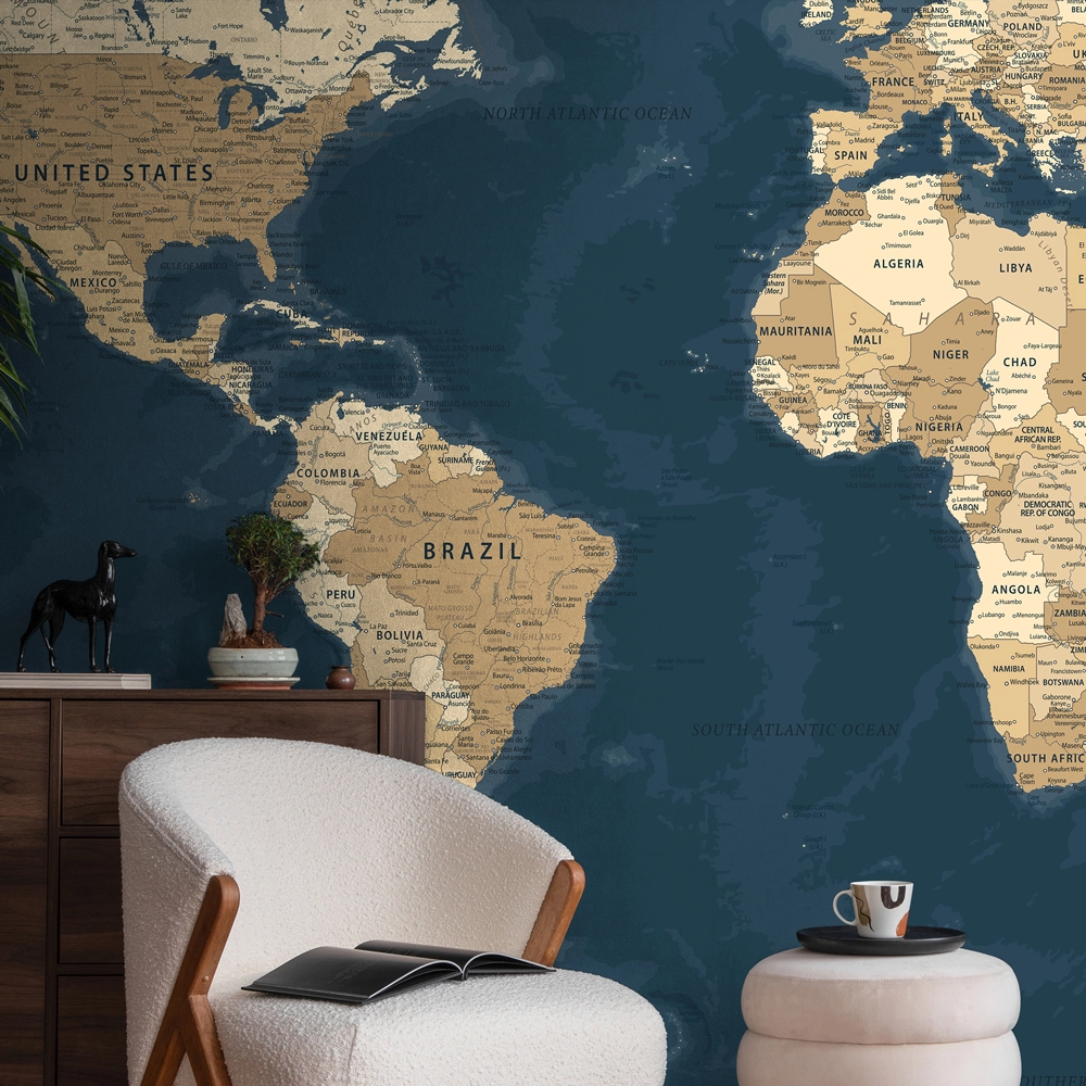 Αυτοκόλλητη Ταπετσαρία τοίχου BLUE AND BEIGE WORLD MAP