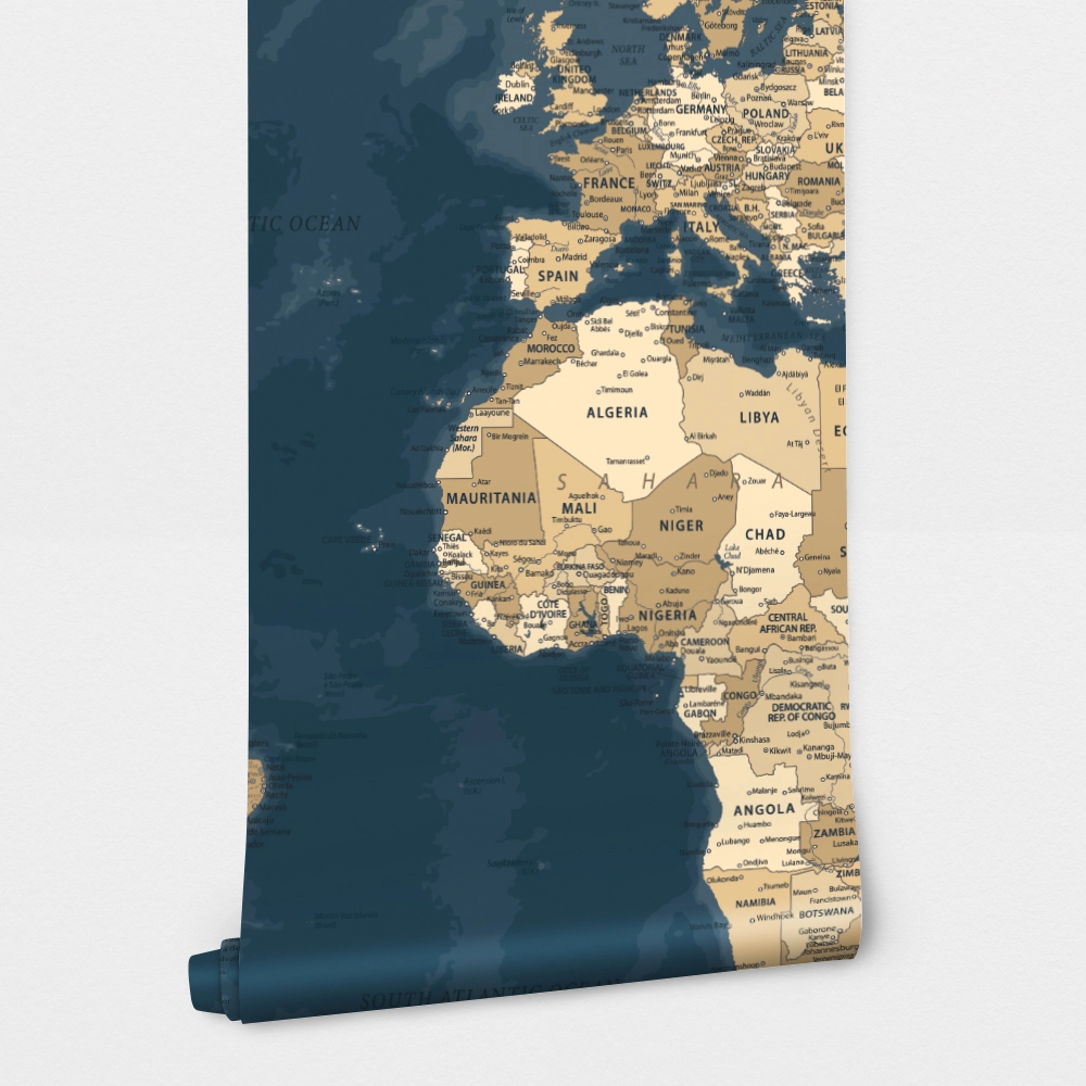 Αυτοκόλλητη Ταπετσαρία τοίχου BLUE AND BEIGE WORLD MAP