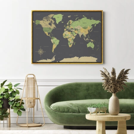 Πινακας σε καμβά GREEN YELLOW GOLD WORLD MAP - Χαρτες