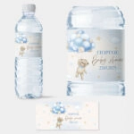 Αυτοκολλητη ετικέτα για μπουκαλι νερου WATERCOLOR TEDDY BEAR BALLOONS BLUE