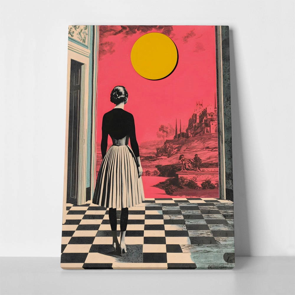 Πινακας σε καμβά WOMAN WITH ORANGE SUN RETRO DREAMSCAPE