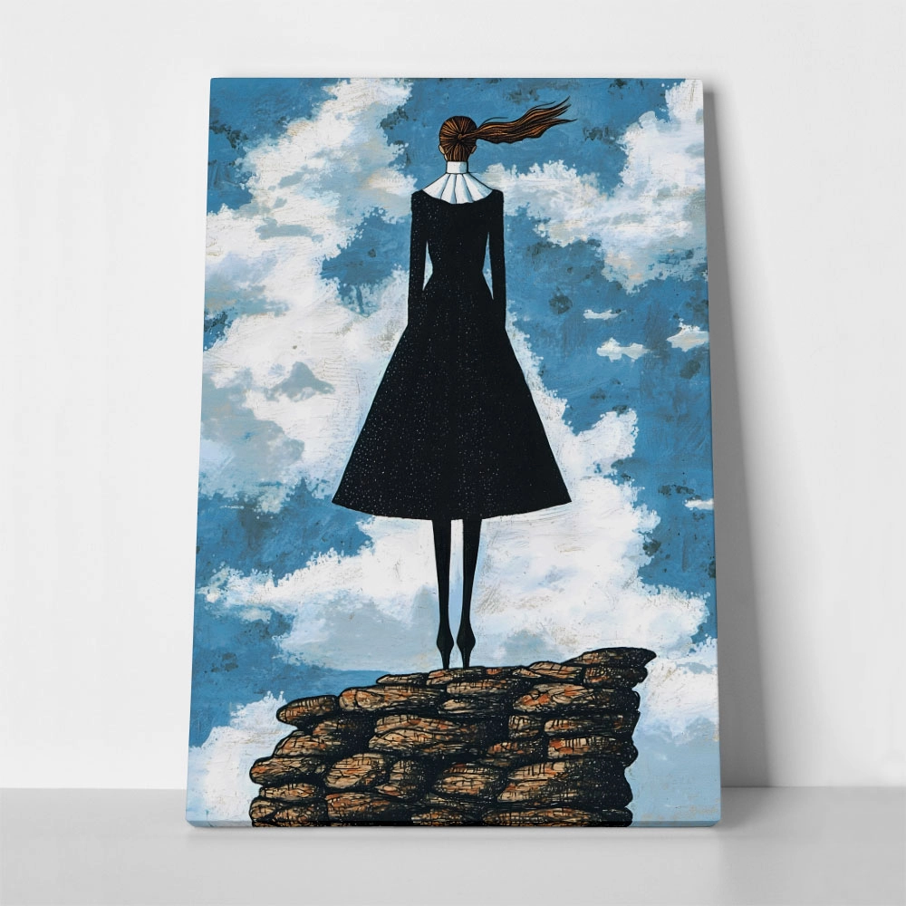 Πινακας σε καμβά BLACK DRESSED WOMAN ON TOP OF ROCKS RETRO DREAMSCAPE