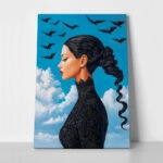 Πινακας σε καμβά BLACK HAIRED WOMAN WITH BIRDS RETRO DREAMSCAPE
