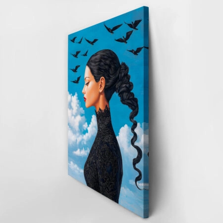 Πινακας σε καμβά BLACK HAIRED WOMAN WITH BIRDS RETRO DREAMSCAPE - Πινακες σε καμβα Sticky 3