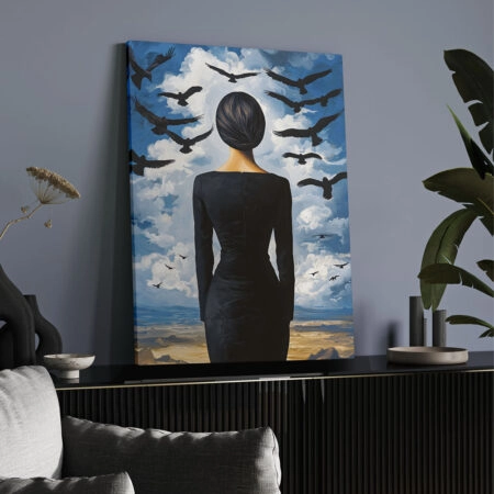 Πινακας σε καμβά WOMAN LOOKING AT BIRDS RETRO DREAMSCAPE - Πορτραιτα και Φιγουρες