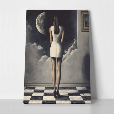 Πινακας σε καμβά WOMAN STARING AT THE MOON RETRO DREAMSCAPE - Εργα Τεχνης Sticky 1