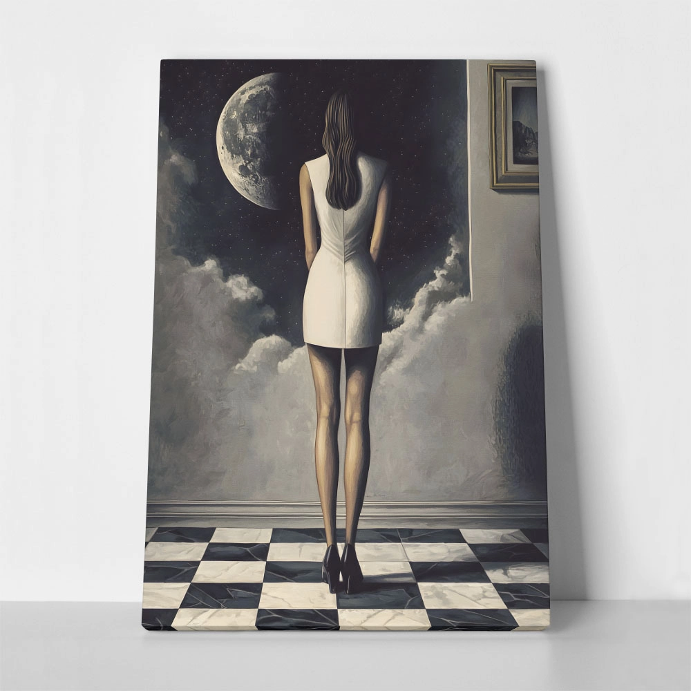 Πινακας σε καμβά WOMAN STARING AT THE MOON RETRO DREAMSCAPE