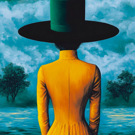 Πινακας σε καμβά WOMAN WITH ORANGE DRESS AND GREEN HAT RETRO DREAMSCAPE - Εργα Τεχνης Sticky 6