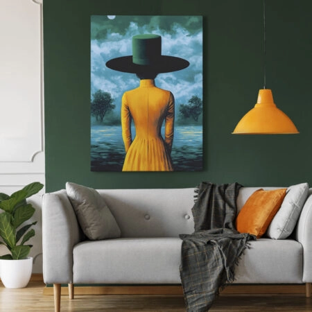 Πινακας σε καμβά WOMAN WITH ORANGE DRESS AND GREEN HAT RETRO DREAMSCAPE - Εργα Τεχνης