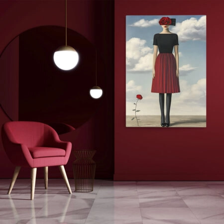 Πινακας σε καμβά WOMAN WITH RED DRESS AND ROSE RETRO DREAMSCAPE - Μοδα και Διασκεδαση