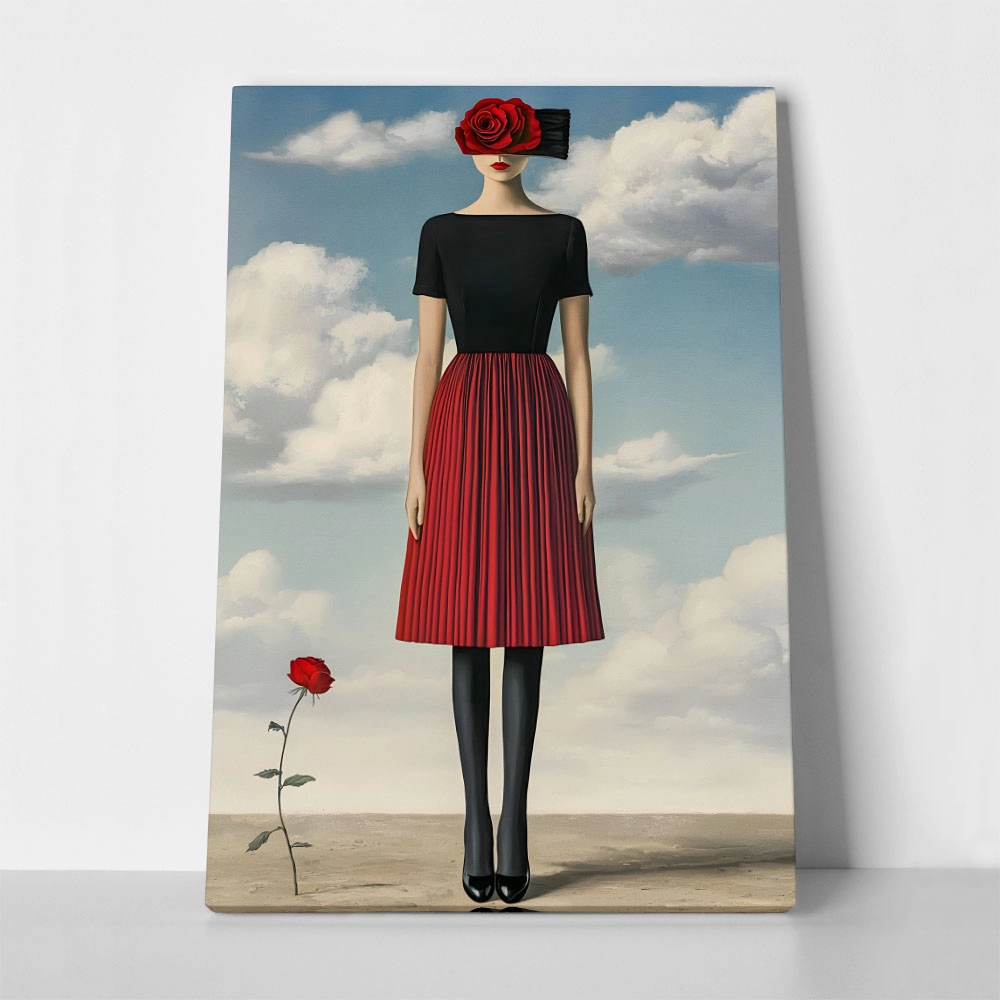 Πινακας σε καμβά WOMAN WITH RED DRESS AND ROSE RETRO DREAMSCAPE