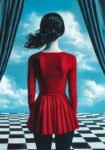 Πινακας σε καμβά WOMAN WITH RED DRESS ON CHESSBOARD RETRO DREAMSCAPE