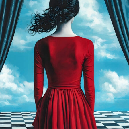 Πινακας σε καμβά WOMAN WITH RED DRESS ON CHESSBOARD RETRO DREAMSCAPE - Πορτραιτα και Φιγουρες Sticky 6