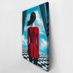 Πινακας σε καμβά WOMAN WITH RED DRESS ON CHESSBOARD RETRO DREAMSCAPE