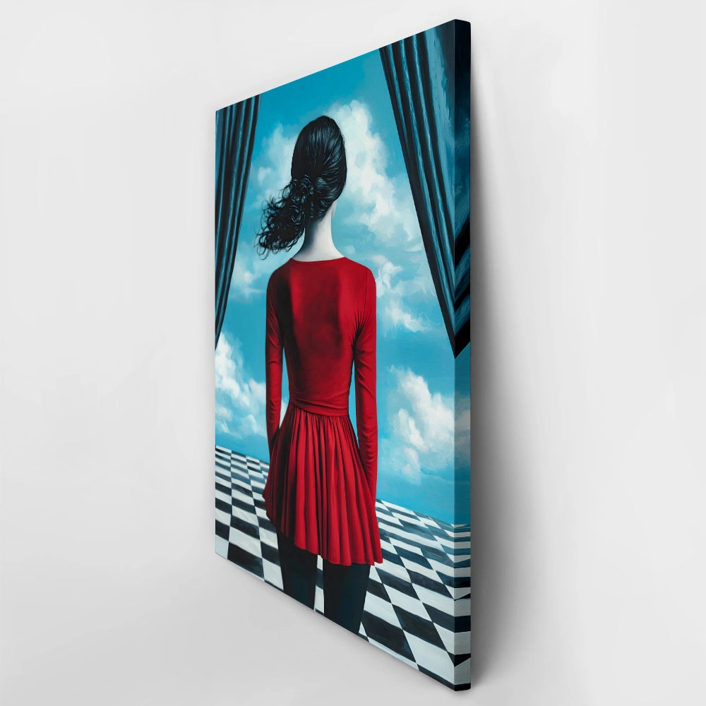 Πινακας σε καμβά WOMAN WITH RED DRESS ON CHESSBOARD RETRO DREAMSCAPE