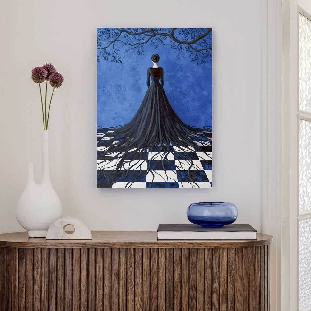 Πινακας σε καμβά WOMAN WITH ROOTED BLACK DRESS RETRO DREAMSCAPE