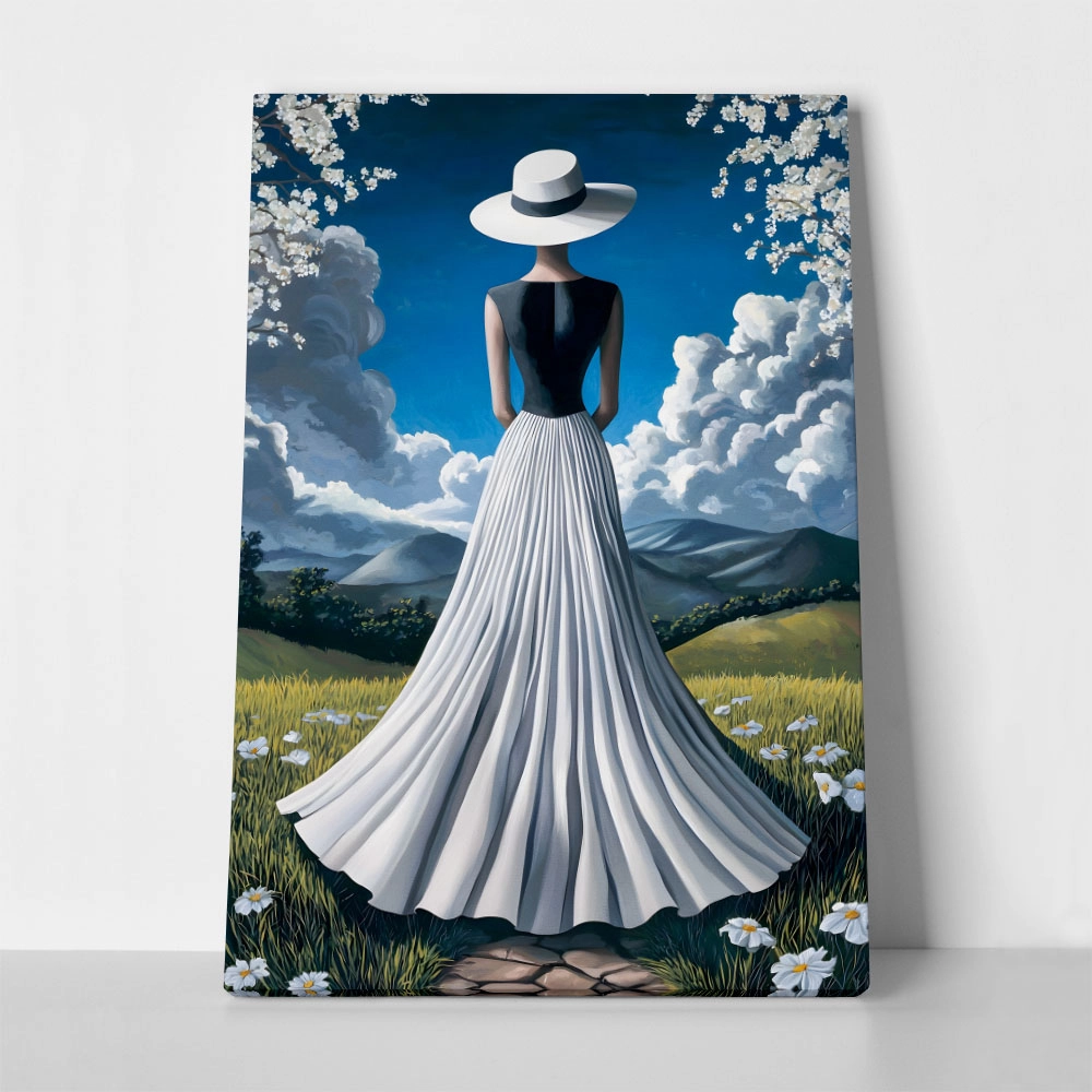 Πινακας σε καμβά WOMAN WITH WHITE DRESS IN FIELD RETRO DREAMSCAPE