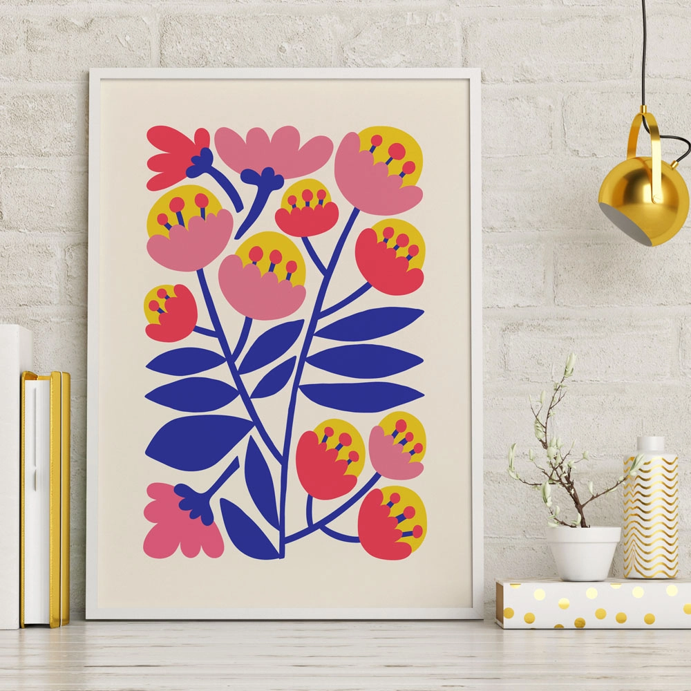 Πόστερ YELLOW PINK AND BLUE ABSTRACT FLORAL