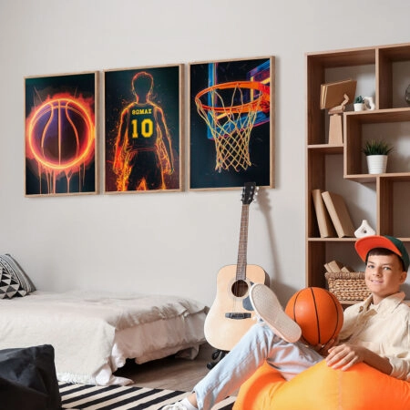 Σετ τριπτυχο προσωποποιημενο ποστερ BASKETBALL FIRE NAME - Παιδικά