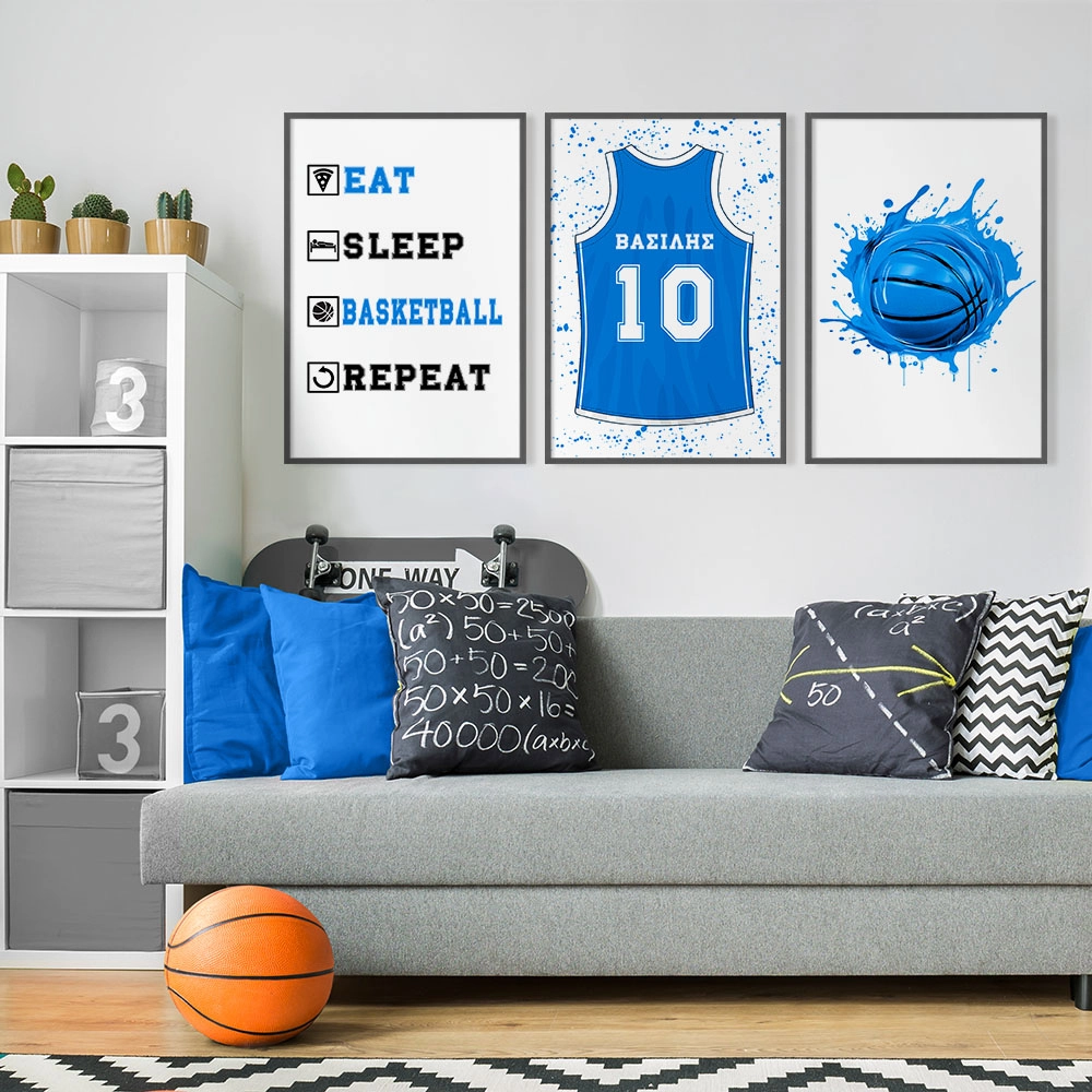 Σετ τριπτυχο προσωποποιημενο ποστερ BASKETBALL SHIRT NAME BLUE