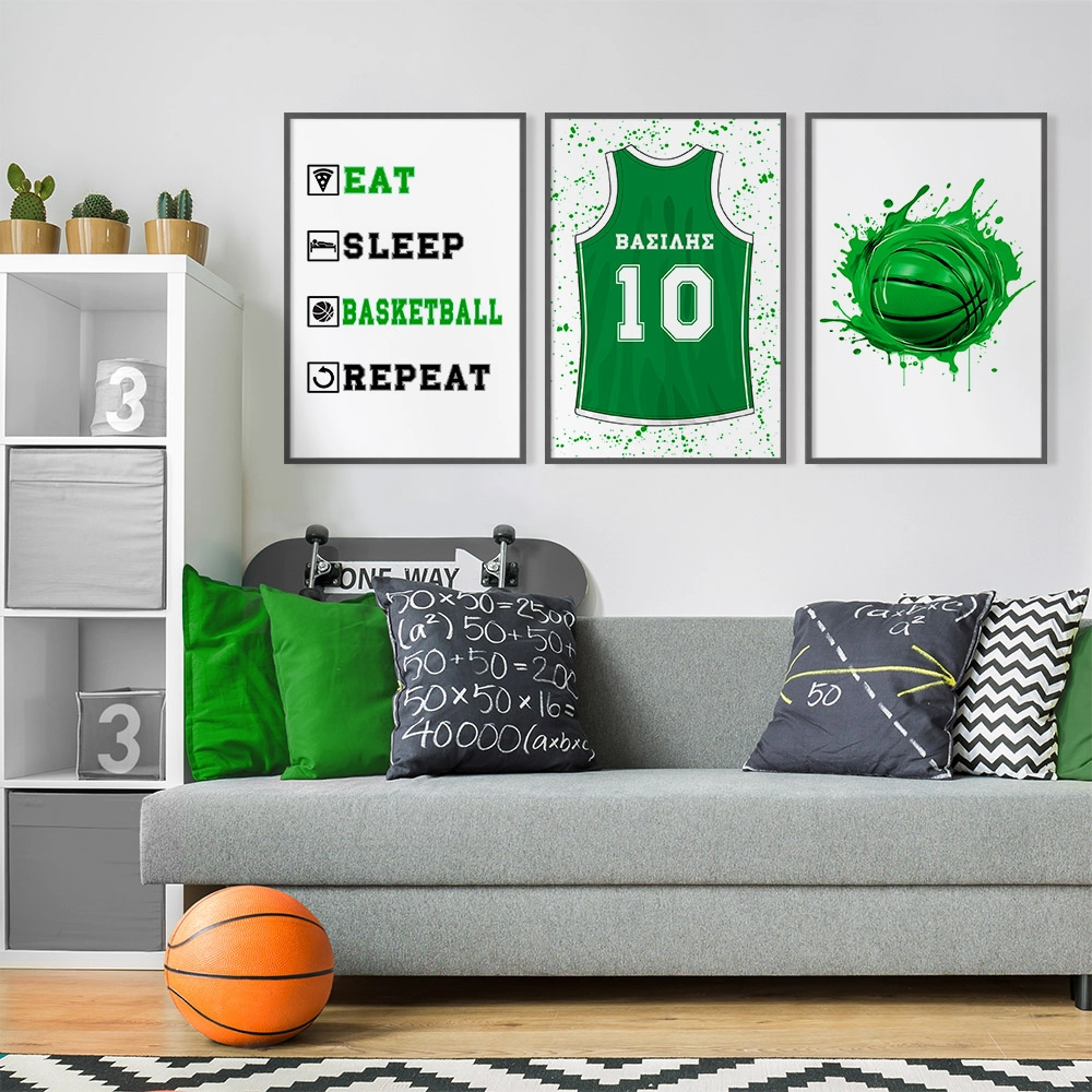 Σετ τριπτυχο προσωποποιημενο ποστερ BASKETBALL SHIRT NAME GREEN