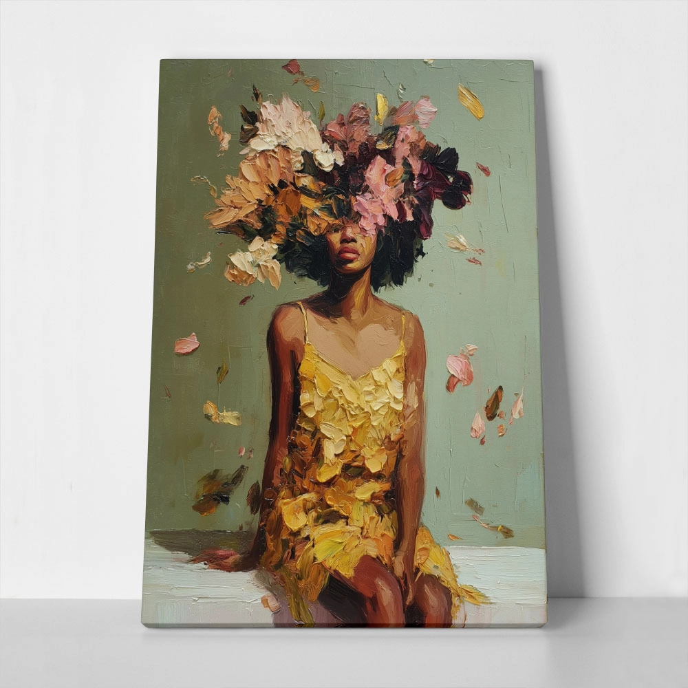Πίνακας σε Καμβά AFROCENTRIC WOMAN FLOWERS BRUSH STROKES GREEN