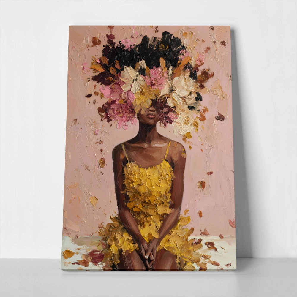 Πίνακας σε Καμβά AFROCENTRIC WOMAN FLOWERS BRUSH STROKES PINK