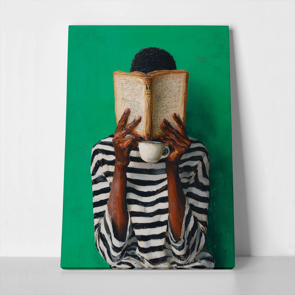 Πίνακας σε Καμβά AFROCENTRIC WOMAN HIDING BEHIND BOOK GREEN
